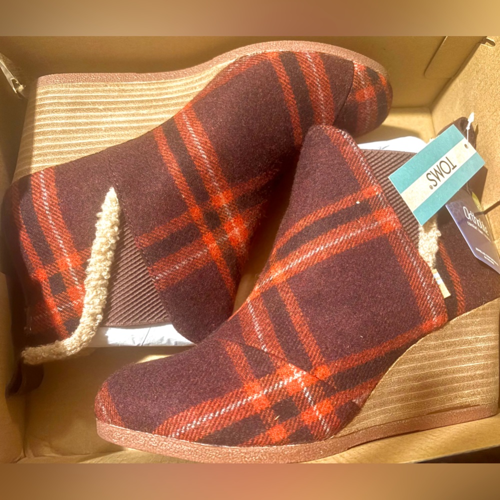 TOMS Plaid Wedge Booties